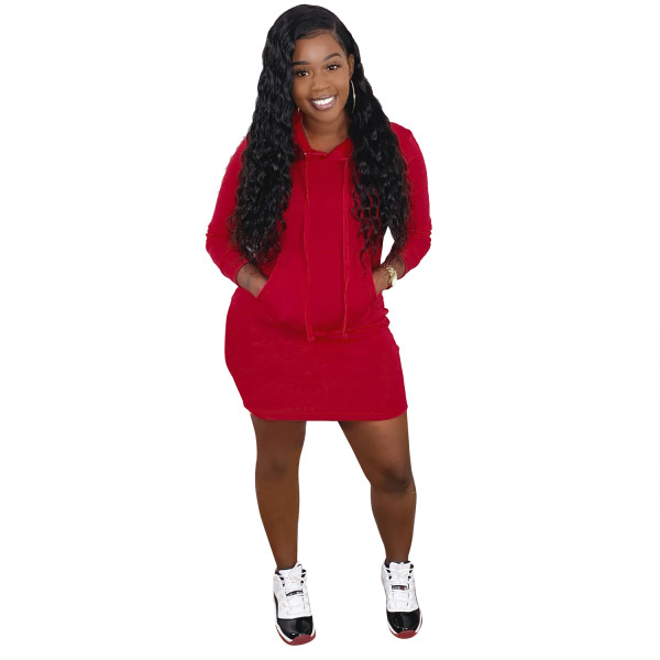 Solid Color Hooded Sweatshirt Dress