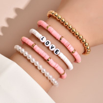 Pink Soft Pottery Retro Temperament Pearl Bracelet Love Set of 5
