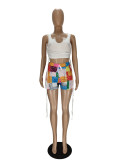 Casual Printed Drawstring Vest Crop Top and Patchwork Short