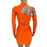 Sexy Hollow Halter Neck Ruffle Offset Printed Bodycon Dress