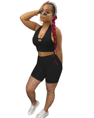 Casual Hollow Halter Vest and Shorts