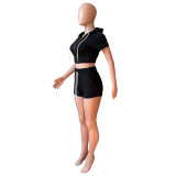 Solid Black Zipper Cardigan Hooded Cropped Two-Piece Short Summer Set
