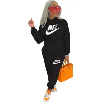 Black Nike Clothing Pockets Offset Printing Drawstring Hooded Set Women