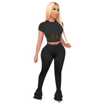 Solid Color Mesh Splicing Flared Pants Set