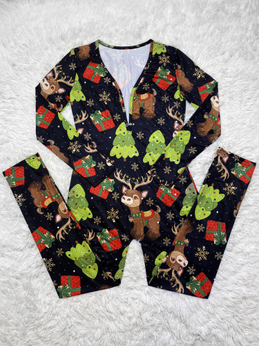 Casual Christmas Printed Long Sleeve Trousers Homewear Jumpsuit