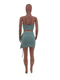 Wholesale Pale Green Print Halter Backless Pleated Skirt Set 2 Piece