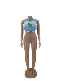Blue Hollow Print Sexy Backless Vest Wrapped Top