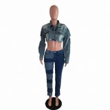 Denim Gradient Washed Worn Crop Short Jacket