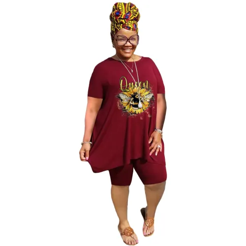 Wine Red XL-5XL Printed Casual Plus Size 2 Sets
