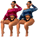 Red Sexy Lantern Sleeve Snake Print Long Sleeve Beach Net Yarn Blouse (without bikini set)
