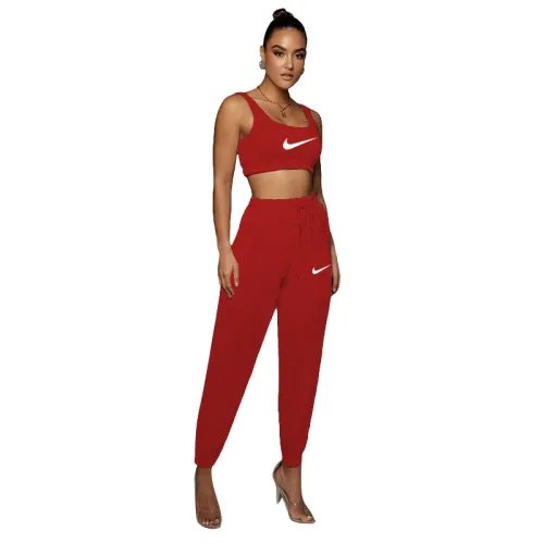 Solid Color Printed Sports Vest and Trousers Two Piece Pant Set