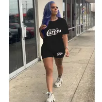 Casual Solid Color Graphic Print Short Sleeve Shorts 2 Piece Set