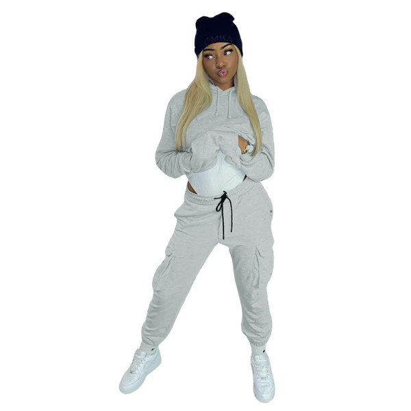 Solid Color Multi Pocket Hoodie Sports Pant Set
