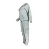 Solid Color Multi Pocket Hoodie Sports Pant Set
