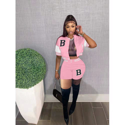 Summer Pink Air Layer Jacket Baseball Uniform Letter Print Casual Two-Piece Splicing Sports Suit