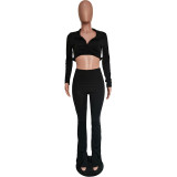 Solid Color Black Thicken V Neck Button Crop Top Split Casual Set