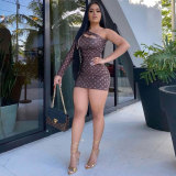 Casual Brown Long Sleeve Printed Single Shoulder Mini Dresses