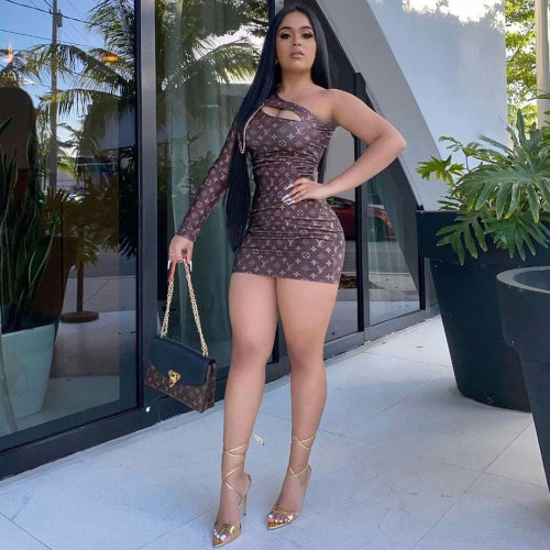 Casual Brown Long Sleeve Printed Single Shoulder Mini Dresses