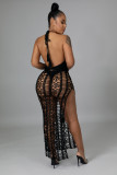Black Solid Color Summer Elastic Fringed Side Slit Halter Beach Long Dresses