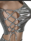 Hot Stamping Lace-Up Hollow Sleeveless Two-piece Short Set