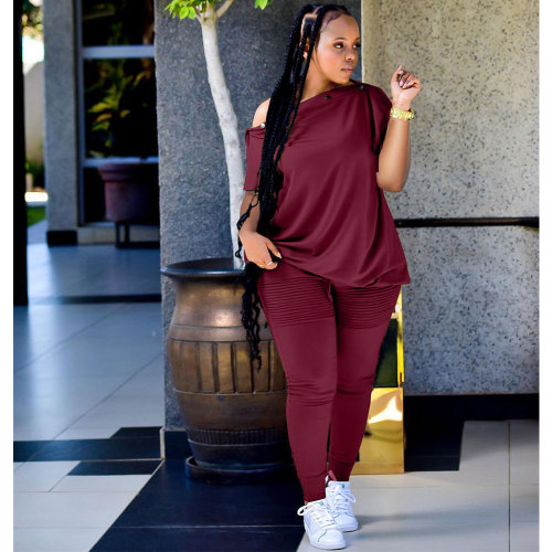 2022 Summer Loose Wine Red Slanted shoulder Breasted Shirring Two Pieces Sets