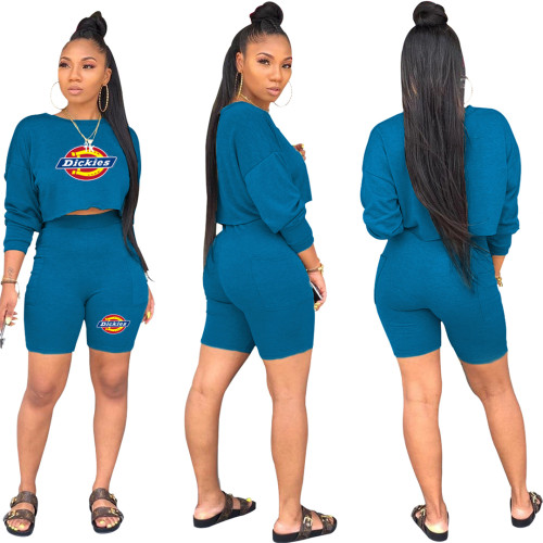 Casual O Neck Long Sleeve Sweatshirt Shorts Set with Pocket
