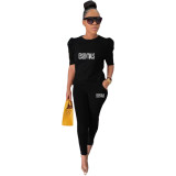 Casual Half Sleeves Printed Letter Pant Set with Pockets