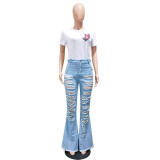 Casual Hole Burned Flared Denim Trousers