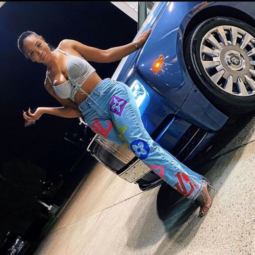 Casual Offset Printing Denim Trousers High Waist Blue Washed Jeans