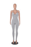 Solid Color Ribbed Straps Padded Casual Yoga Bodycon Jumpsuits