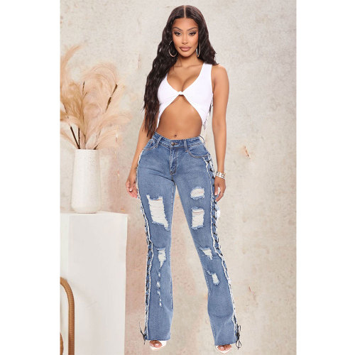 Women Eyelet Rope Elasticity Ripped Denim Trousers