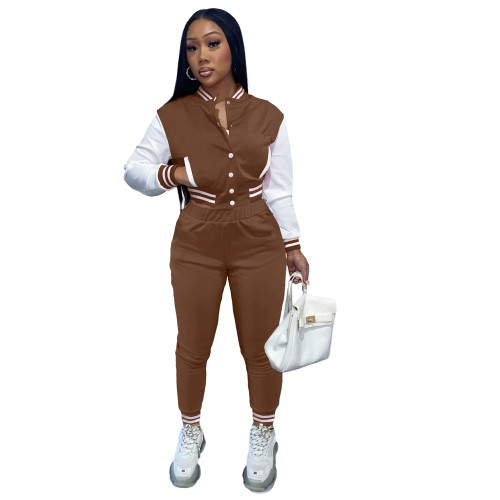 Women's Coffee Color-blocking Jacket Suit Single-breasted Stitching Baseball Two Piece Uniform
