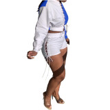 Autumn Color Matching Long Sleeve Eyelet Lace-up Top and Shorts
