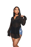 Solid Color Sexy See Through Single-breasted Lapel Slits Chiffon Shirt