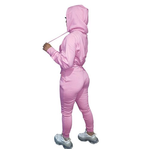 Autumn Winter Thick Drawstring Jogger Two Piece Pink Sweatpants and Hoodie Set