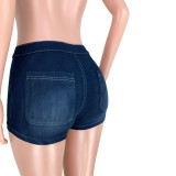 Washed Button Denim Hot Shorts with Pocket