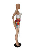 Casual Printed Drawstring Vest Crop Top and Patchwork Short
