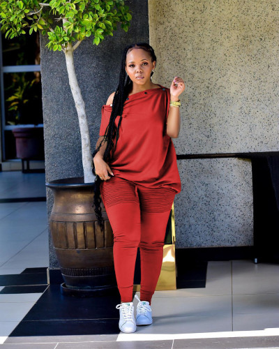 2022 Summer Loose Red Slanted shoulder Breasted Shirring Two Pieces Sets