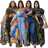 Summer Plus Size Women Print Puffed Short Sleeve Sexy Mesh Long Dress