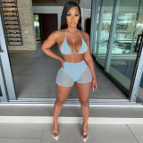 Summer Light Blue Beachwear Sexy Mesh Sequined Two Piece Short Set