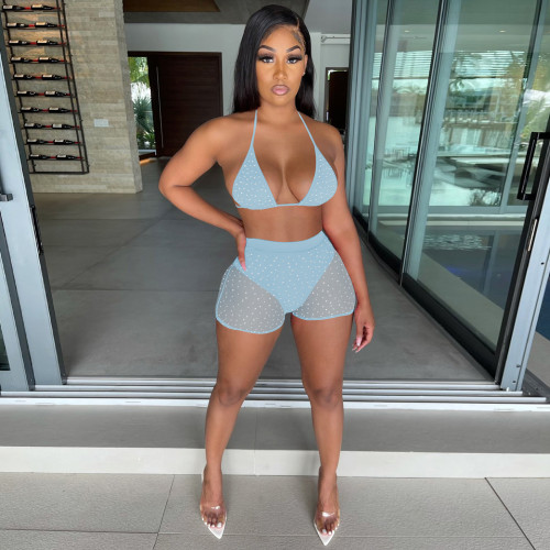 Summer Light Blue Beachwear Sexy Mesh Sequined Two Piece Short Set