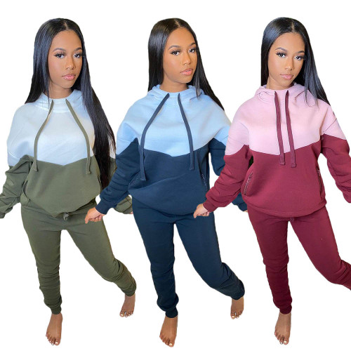 Casual Stitching Hooded Two Piece Outfits