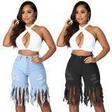 Spring Casual Solid Color Tassel Frayed Midi Jeans