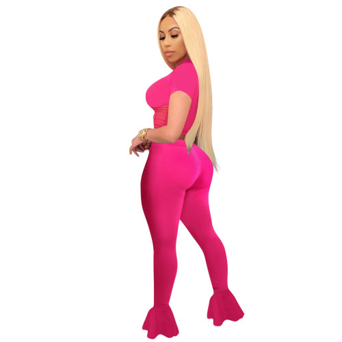 Solid Color Mesh Splicing Flared Pants Set