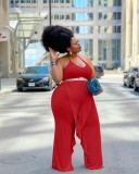 Solid Color Red Ruffled Halter One Piece Sexy Backless Jumpsuit