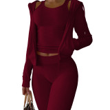 Autumn Winter Double-sided Fleece Vest Hooded Three Piece Set