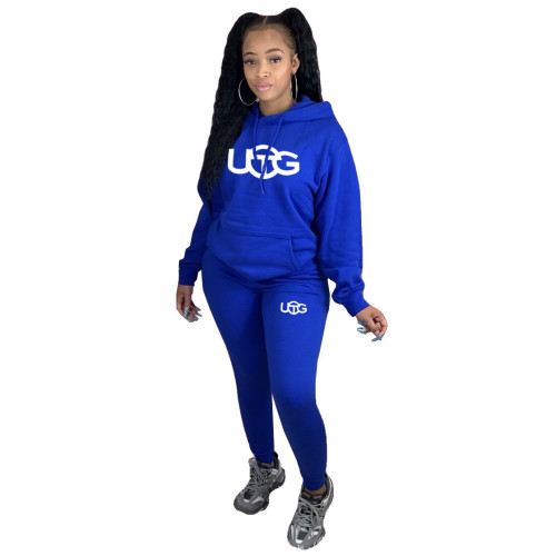 Blue Autumn Winter Women's Clothing Printed Plush Hooded Sweatpants Sets