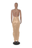 Solid Color Deep V Halter Stacked Maxi Dresses