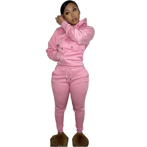 Solid Pink Fleece Hooded Sweatshirt Pant Set