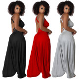 Red Casual Knitted Straps Backless Top & Pleated Harem Pants